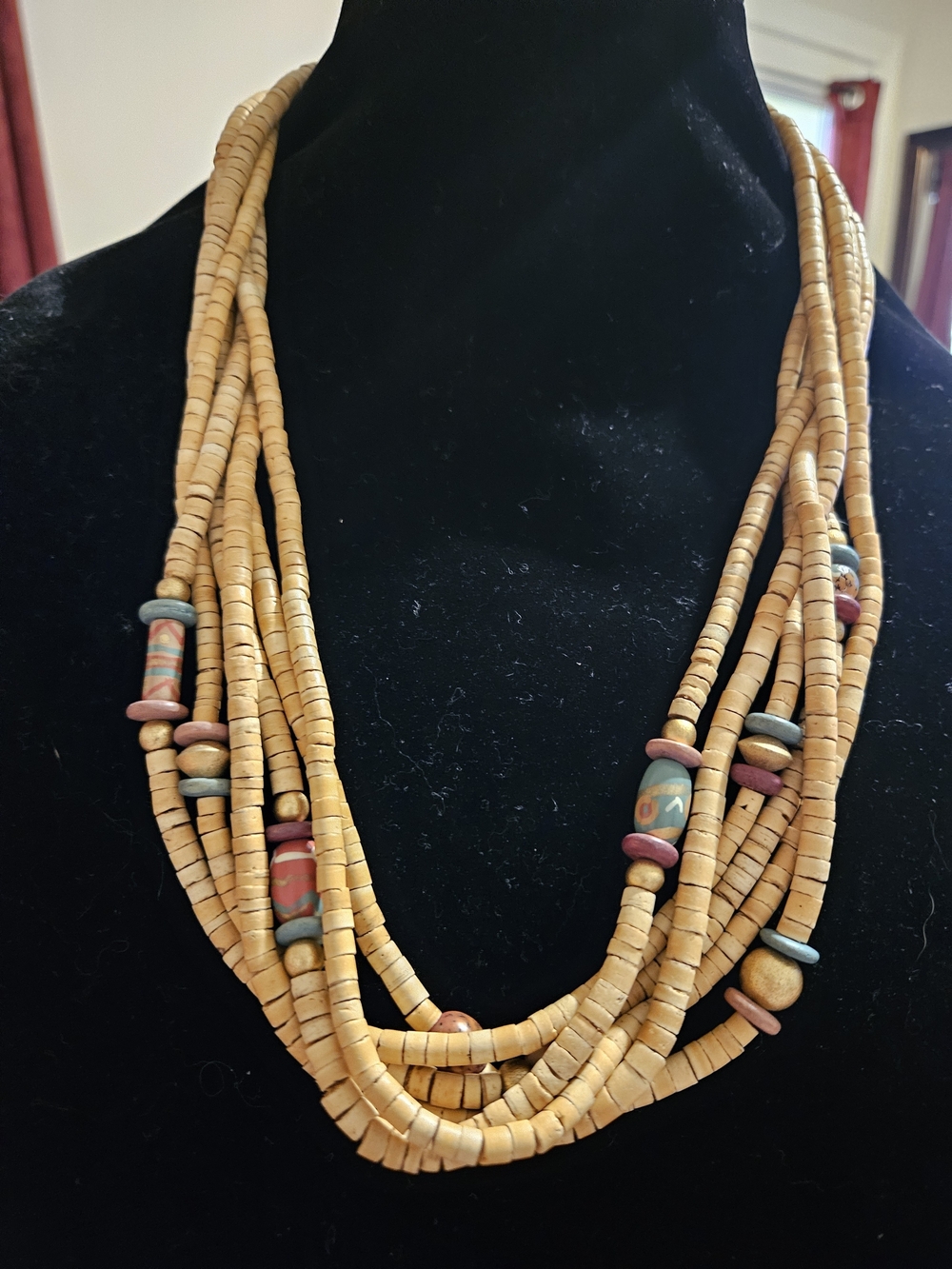 Multi-Strand Natural Tan Bead Necklace with Colorful Accent Beads